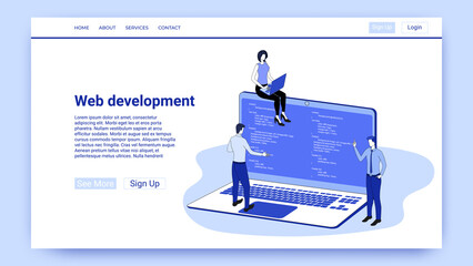 Wall Mural - web development.people program and code against the background of a large laptop.the concept of onli
