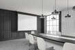 © ImageFlow - Grey office room with table and seats, window, mockup projector screen