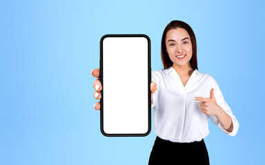 Wall Mural - Businesswoman finger point at smartphone mockup screen