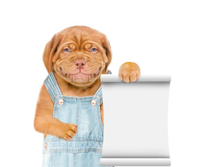 Poster - Puppy wearing  overalls shows empty list. Isolated on white background