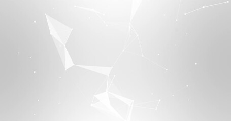 4k animated abstract grey plexus dot and 3d line connect background. Datum white technology animation. Moving glowing shapes on white backdrop. Neural network points. Light simple BG. Seamless looping