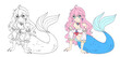 Anime pretty mermaid with curly pink hair and fish tail.