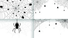 Set Spiders On Web Collection With White Background. Halloween Background Design Element. Spooky, Scary Horror Decoration Vector