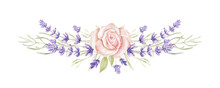 Watercolor Lavender And Rose Flower Wreath, Bouquet. Provence Floral Arrangement. Vintage Garden. Botanical Clipart. Hand Painted Illustration