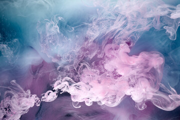Wall Mural - Lilac smoke on black ink background, colorful pink fog, abstract swirling touch ocean sea, azure acrylic pigment paint underwater