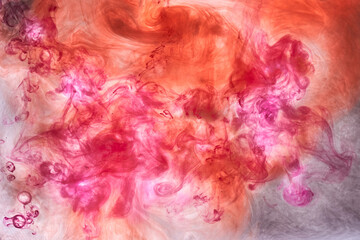 Wall Mural - Orange pink smoke background, colorful fog, abstract swirling ink ocean sea, acrylic paint pigment underwater