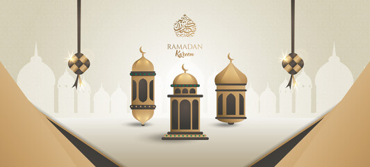 Wall Mural - Ramadan kareem 2022 background. Paper cut vector illustration with lantern,mosque, window, star and moon, place for text greeting card and banner. Happy birthday of prophet muhammad. Mawlid un nabi