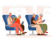 People Ride The Train And Read Books, Use Laptops And Phones. Passengers And Transport. Flat Vector Illustration.
