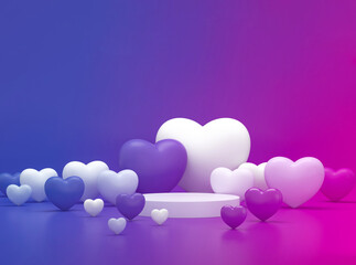 Wall Mural - Podium with many hearts around on gradient studio background. Empty pedestals platform.