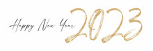 Happy New 2023 Year Elegant Gold Glitter Text With Light. Minimal Text Template