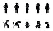 female silhouettes, a set of various poses, a woman is sitting, a girl is standing, hand gestures, isolated stick figure human icons