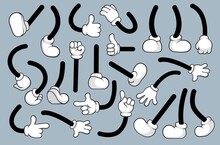 Retro Cartoon Legs, Arms Gestures And Hands Poses. Comic Funny Character Foot In Shoes Walking And Hands In Glove. Animation Mascot Body Parts Vector Set