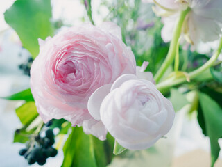 Sticker - close up of pink and white roses in a bouquet of flowers. 