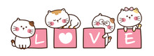 Cat With Love Writing On Pink Box Hand Drawn Banner.Kitten Various Poses Background.Cute Cartoon Character Design.Animal Doodle Style.Image For Card,poster,kid Wear.Kitten.Heart.Vector.Illustration.