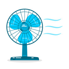 Blue Electric Table Fan With Cool Breeze On White Background Flat Vector Icon Design.