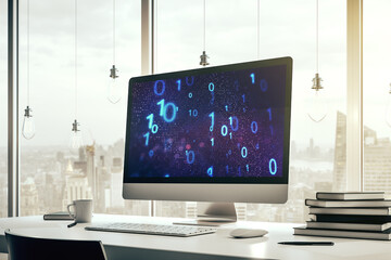 Wall Mural - Creative abstract binary code sketch on modern laptop monitor, hacking and matrix concept. 3D Rendering