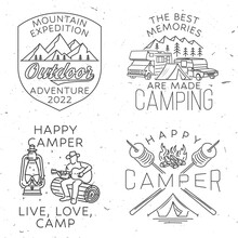 Set Of Mountain Expedition Badge. Vector Illustration. Concept For Shirt Or Logo, Print, Stamp Or Tee. Vintage Line Art Design With Campfire, Marshmallow, Rv, Motorhome, Camping Trailer.