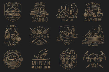 Wall Mural - set of hiking, mountain expedition badge. vector. vintage line art design with mountaineers, camping