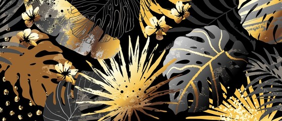 Abstract art nature background with golden, grey, beige exotic leaves. Artistic grunge hand drawn textures. Modern wallpaper, backdrop, wall art, poster, canvas print.
