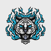 Illustration Of A White Tiger Head With Blue Flames