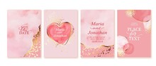 Set Of Elegant Cards In Pink, Red, White, Golden Colors. Watercolor Spots, Ink Imitation, Gold Lines, Splatters. Two Hearts. Wedding Invitation. Love, Romantic, Valentined Day Cards. Save The Date.