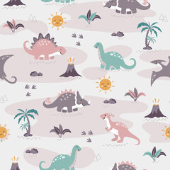 Wall Mural - Seamless pattern cute dinos family, design for scrapbooking, decoration, cards, paper goods, background, wallpaper, wrapping, fabric and all your creative projects