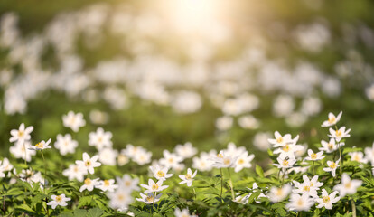 Wall Mural - group of small anemone white flowers on forest clearing