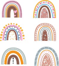 Seamless Repeat Pattern In Pastel Colors With Rainbows In In Scandinavian Style.