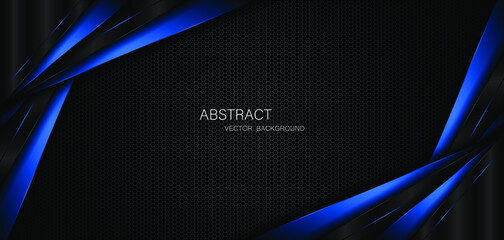 Abstract black and blue polygons overlapped on dark steel mesh background with free space for design. modern technology innovation concept background	