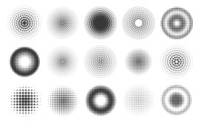 Abstract Halftone Dots Circle Patterns And Frames. Round Comic Gradient Texture Effect. Radial Screentone Spray Brush. Halftone Background Vector Set