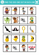 Find The Odd One Out. Pirate Logical Activity For Children. Treasure Island Educational Quiz Worksheet For Kids For Attention Skills. Simple Sea Adventure Printable Game With Cute Characters.