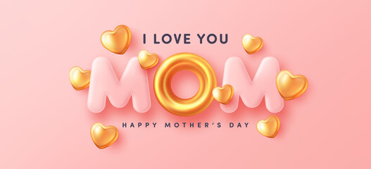 Wall Mural - Mother's Day postcard with MOM word and golden cute heart on pink background.Poster or banner template for Love Mom and Mother's day concept.Vector illustration eps 10