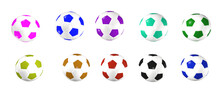 Set Of Football Balls On An Isolated White Background, Multi Colored Soccer Balls For The Designer. 3D Image