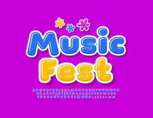 Wall Mural - Vector event poster Music Fest with decorative Flowers. Playful style Font. Blue creative Alphabet Letters, Numbers and Symbols set