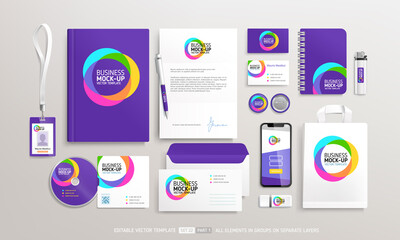 Wall Mural - Business Stationery Brand Identity Mockup set with trendy graphics purple design part 1. Office stationary items mockup set  - editable template. Company corporate style design