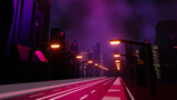 Fototapeta  - 3d render of Cyber punk night city landscape concept. Light glowing on dark scene.  Night life. Technology network for 5g. Beyond generation and futuristic of Sci-Fi Capital city and building scene.