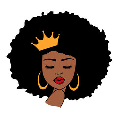 Wall Mural - Woman face with eyelashes and crown. Afro Women. African American Woman. Vector illustration.  Isolated on white background. Good for posters, t shirts, postcards.