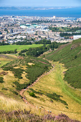 Sticker - Scotland, Edinburgh.  Holyrood park and ancient volcano. Beautiful panoramic view City of Edinburgh  from the mountain