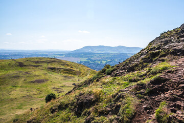 Sticker - Scotland, Edinburgh.  Holyrood park and ancient volcano. Beautiful panoramic view City of Edinburgh  from the mountain