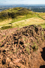 Sticker - Scotland, Edinburgh.  Holyrood park and ancient volcano. Beautiful panoramic view City of Edinburgh  from the mountain