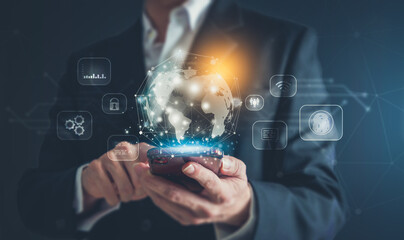 Businessman hand touching futuristic intelligence digital global online internet network communication. metaverse technology concept