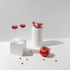 Wall Mural - Two glasses of red juice or wine and pomegranates on a geometric podiums on white background with sunlit and shadows. Summer refreshment concept. Sunlit flat lay. Minimal style.