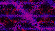Purple Pixelated Background Imitating Digital Waterfall, Seamless Loop. Design. Glowing Pattern With Blurred Stripes And Moving Particles.