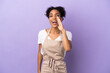 © luismolinero - Restaurant waiter latin woman isolated on purple background shouting with mouth wide open