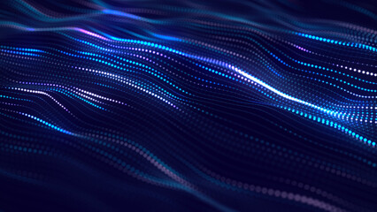 Wall Mural - Futuristic glowing wave. The concept of big data. Network connection. Cybernetics and technology. Abstract blue background of moving blue and purple dots. 3d rendering.