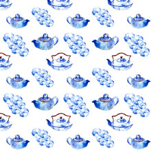 Watercolor Seamless Pattern With Blue Flowers In Blossom And Tea Pots. Summer Kitchen Floral Background. Wrapping Paper Pattern.