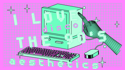 Aufkleber - Retro PC computer in acid neon colors. Vector illustration in vaporwave style.