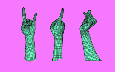 Aufkleber - Set of 3D low-poly hand models made of polygonal wireframe. Futuristic style illustration.