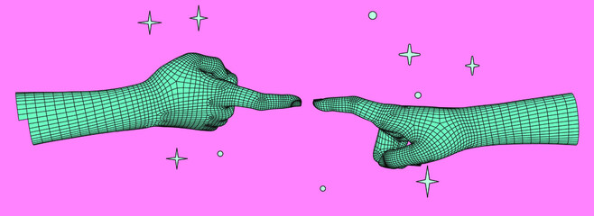 Aufkleber - Low polygonal 3D hands going to touch together. Vector illustration in retrofuturistic vaporwave style.