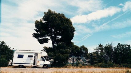 Poster - Camper car camping on nature. Holidays, travel with motor home.